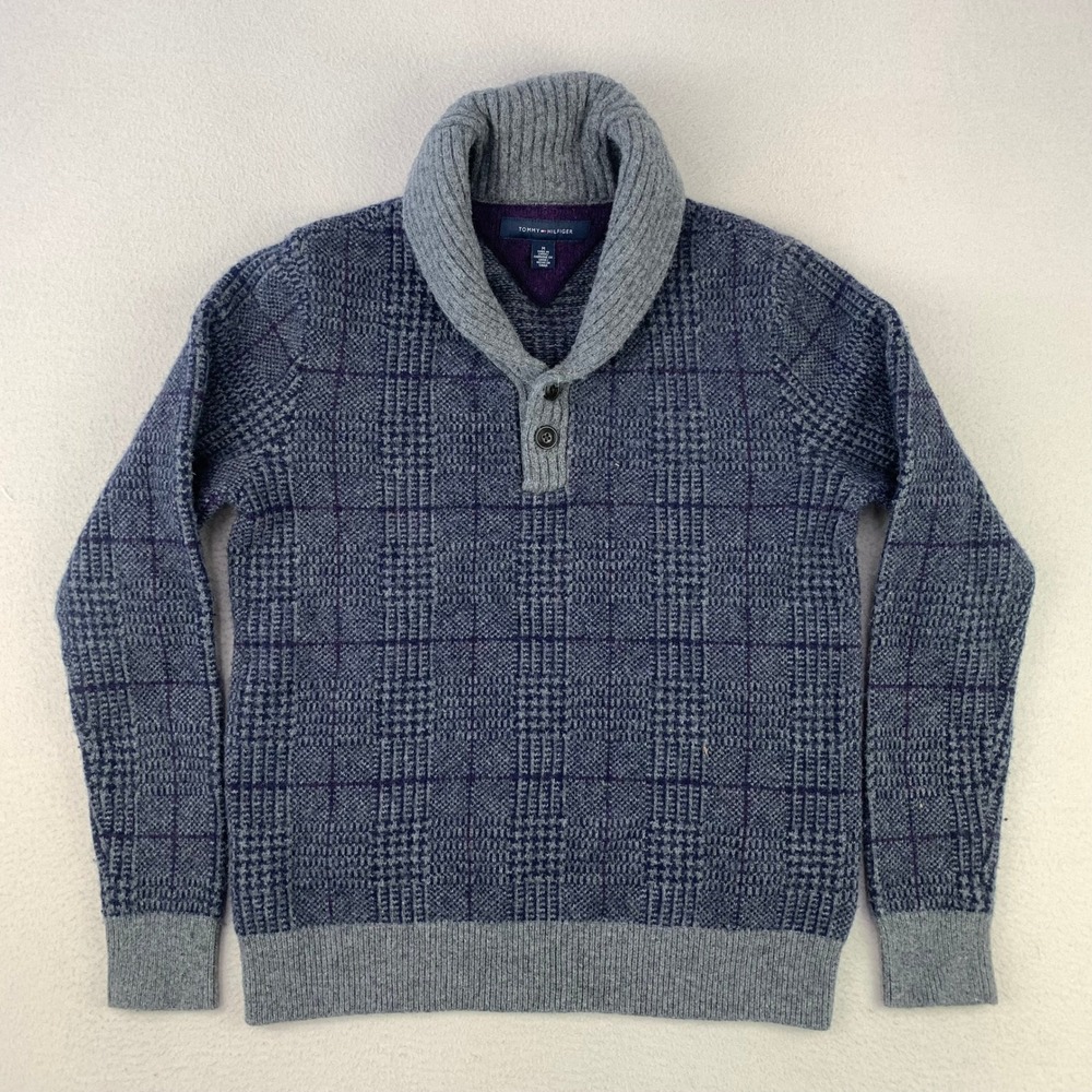 Tommy Hilfiger Lambswool Sweater Mens Medium Blue Plaid Shawl Collar Preppy Y2K